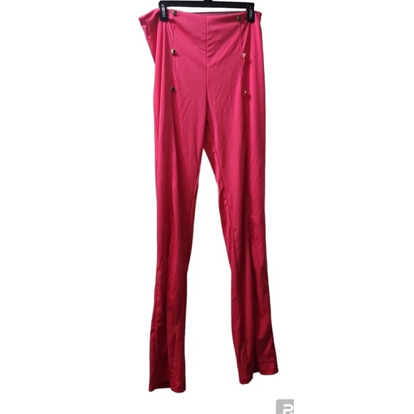 Flare Leggings High Waist Button Accents Hot‎ Pink Pants - Picture 1 of 5